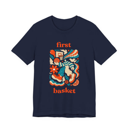 First Basket Basketball T-Shirt | Retro Groovy Hoop Tee | Gift for Players