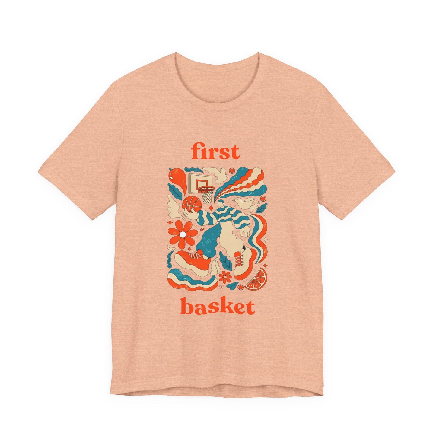 First Basket Basketball T-Shirt | Retro Groovy Hoop Tee | Geschenk für Spieler