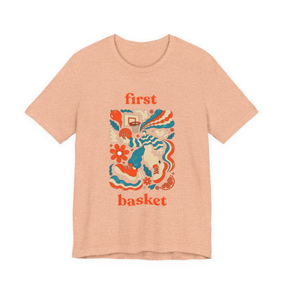 First Basket Basketball T-Shirt | Retro Groovy Hoop Tee | Gift for Players