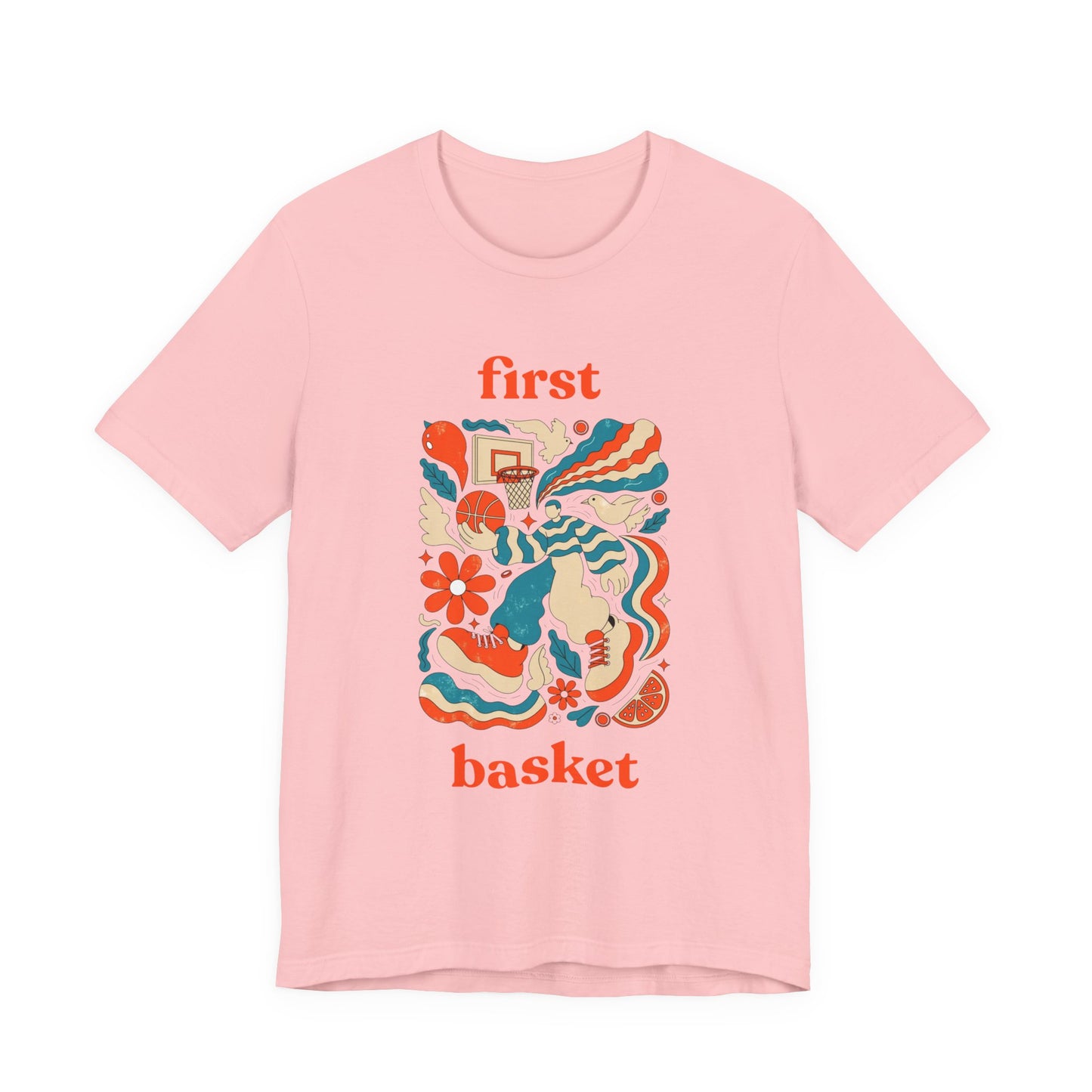 First Basket Basketball T-Shirt | Retro Groovy Hoop Tee | Geschenk für Spieler