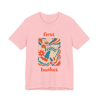 First Basket Basketball T-Shirt | Retro Groovy Hoop Tee | Gift for Players