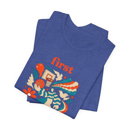 First Basket Basketball T-Shirt | Retro Groovy Hoop Tee | Gift for Players
