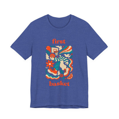 First Basket Basketball T-Shirt | Retro Groovy Hoop Tee | Gift for Players