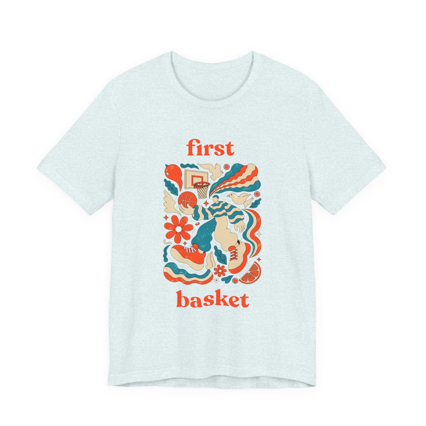First Basket Basketball T-Shirt | Retro Groovy Hoop Tee | Geschenk für Spieler