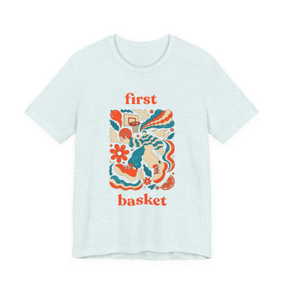 First Basket Basketball T-Shirt | Retro Groovy Hoop Tee | Gift for Players