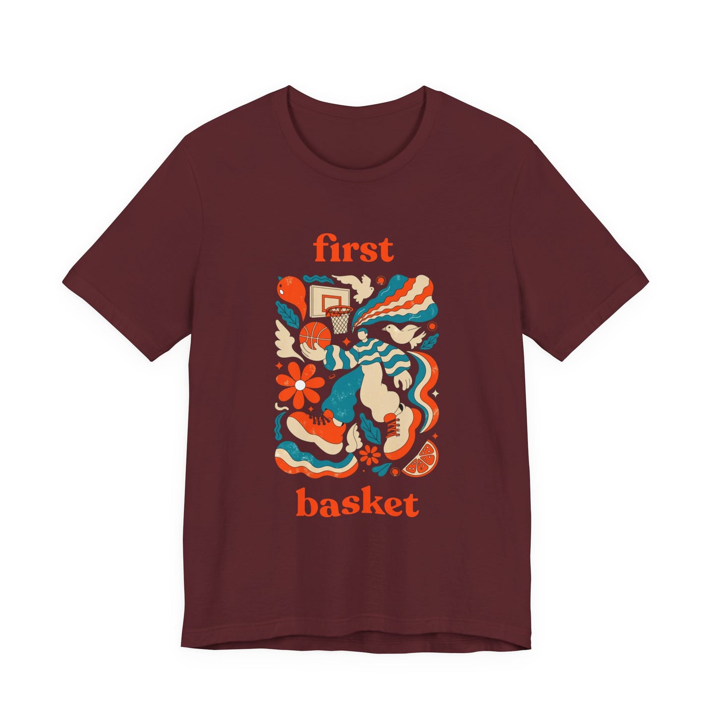 First Basket Basketball T-Shirt | Retro Groovy Hoop Tee | Geschenk für Spieler