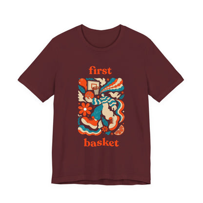 First Basket Basketball T-Shirt | Retro Groovy Hoop Tee | Gift for Players