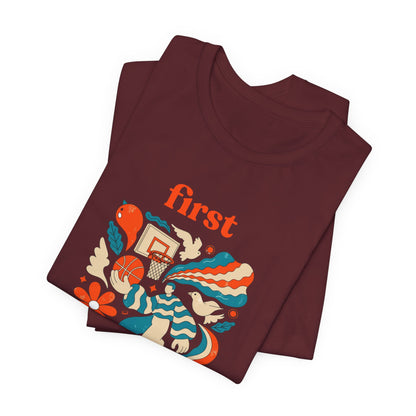 First Basket Basketball T-Shirt | Retro Groovy Hoop Tee | Gift for Players