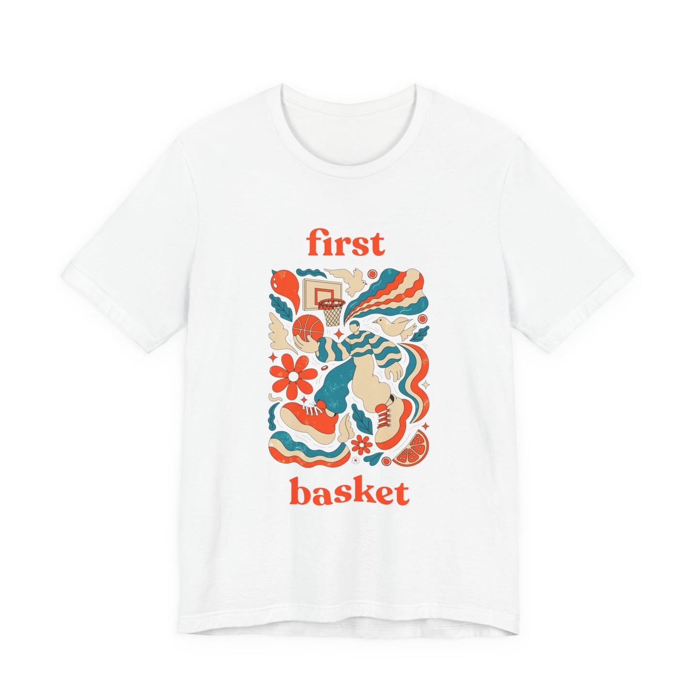 First Basket Basketball T-Shirt | Retro Groovy Hoop Tee | Geschenk für Spieler