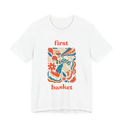 First Basket Basketball T-Shirt | Retro Groovy Hoop Tee | Gift for Players