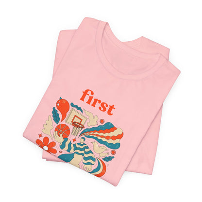 First Basket Basketball T-Shirt | Retro Groovy Hoop Tee | Gift for Players