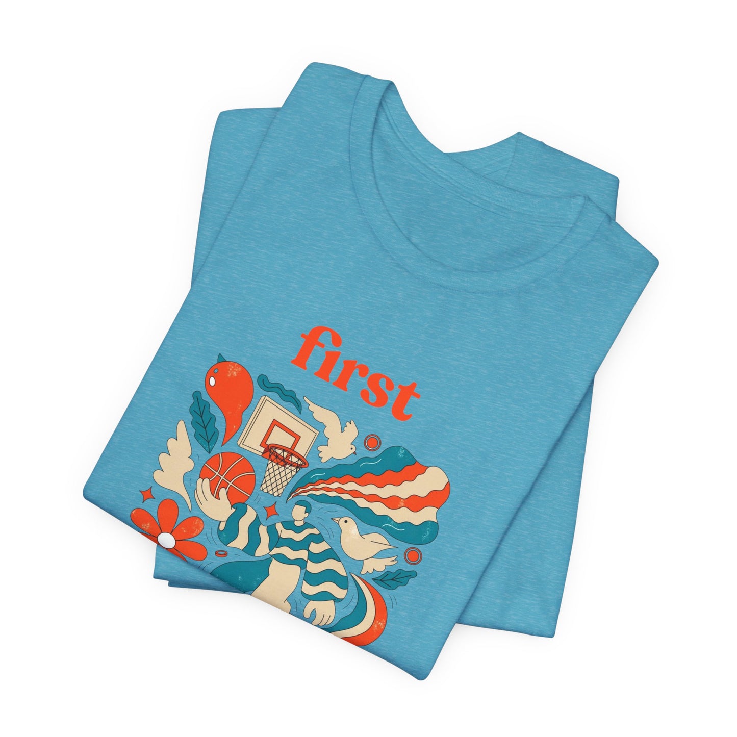 First Basket Basketball T-Shirt | Retro Groovy Hoop Tee | Geschenk für Spieler
