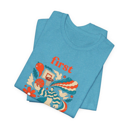 First Basket Basketball T-Shirt | Retro Groovy Hoop Tee | Gift for Players