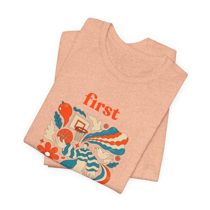 First Basket Basketball T-Shirt | Retro Groovy Hoop Tee | Gift for Players