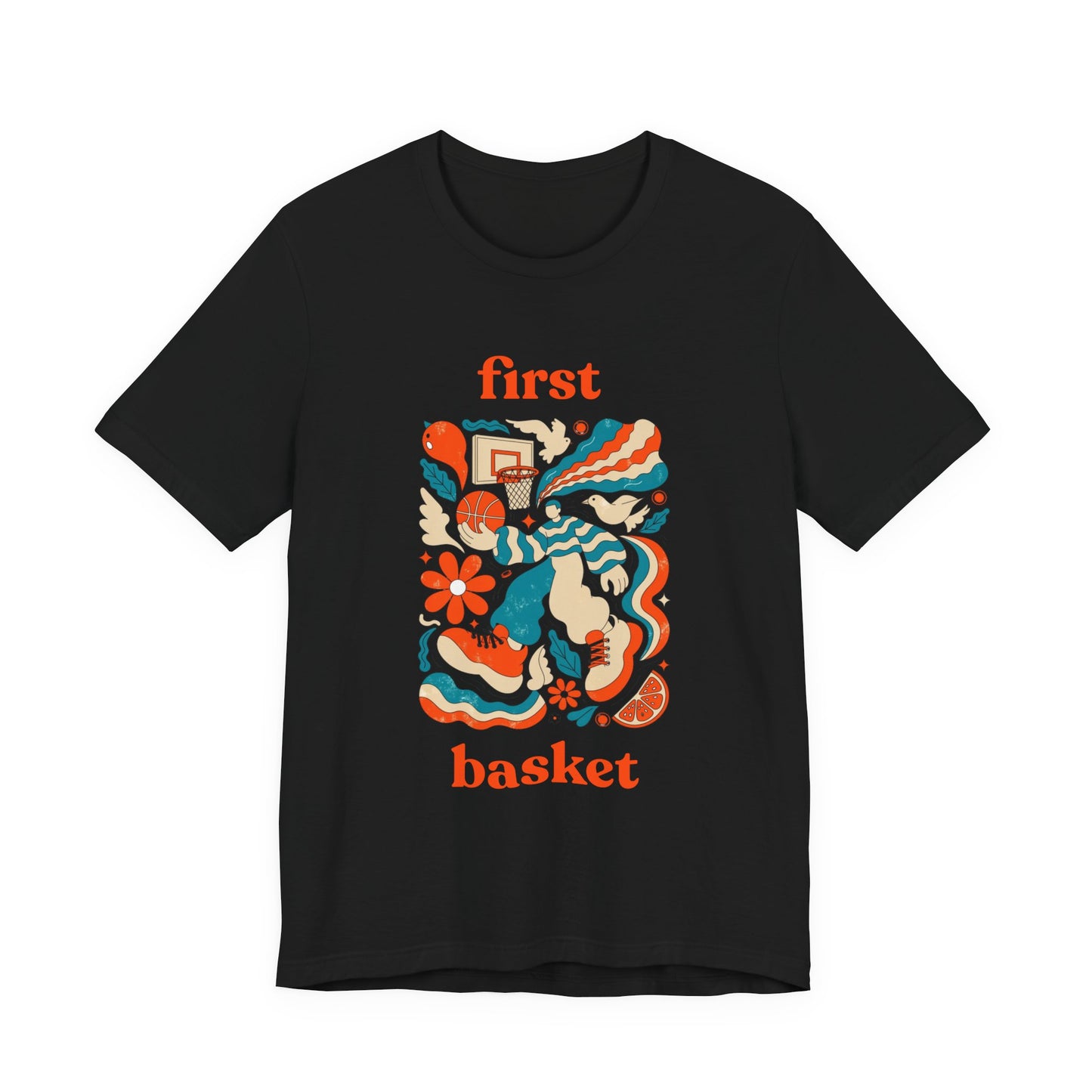 First Basket Basketball T-Shirt | Retro Groovy Hoop Tee | Geschenk für Spieler