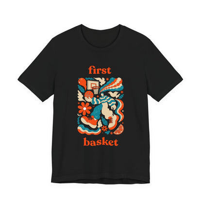 First Basket Basketball T-Shirt | Retro Groovy Hoop Tee | Gift for Players