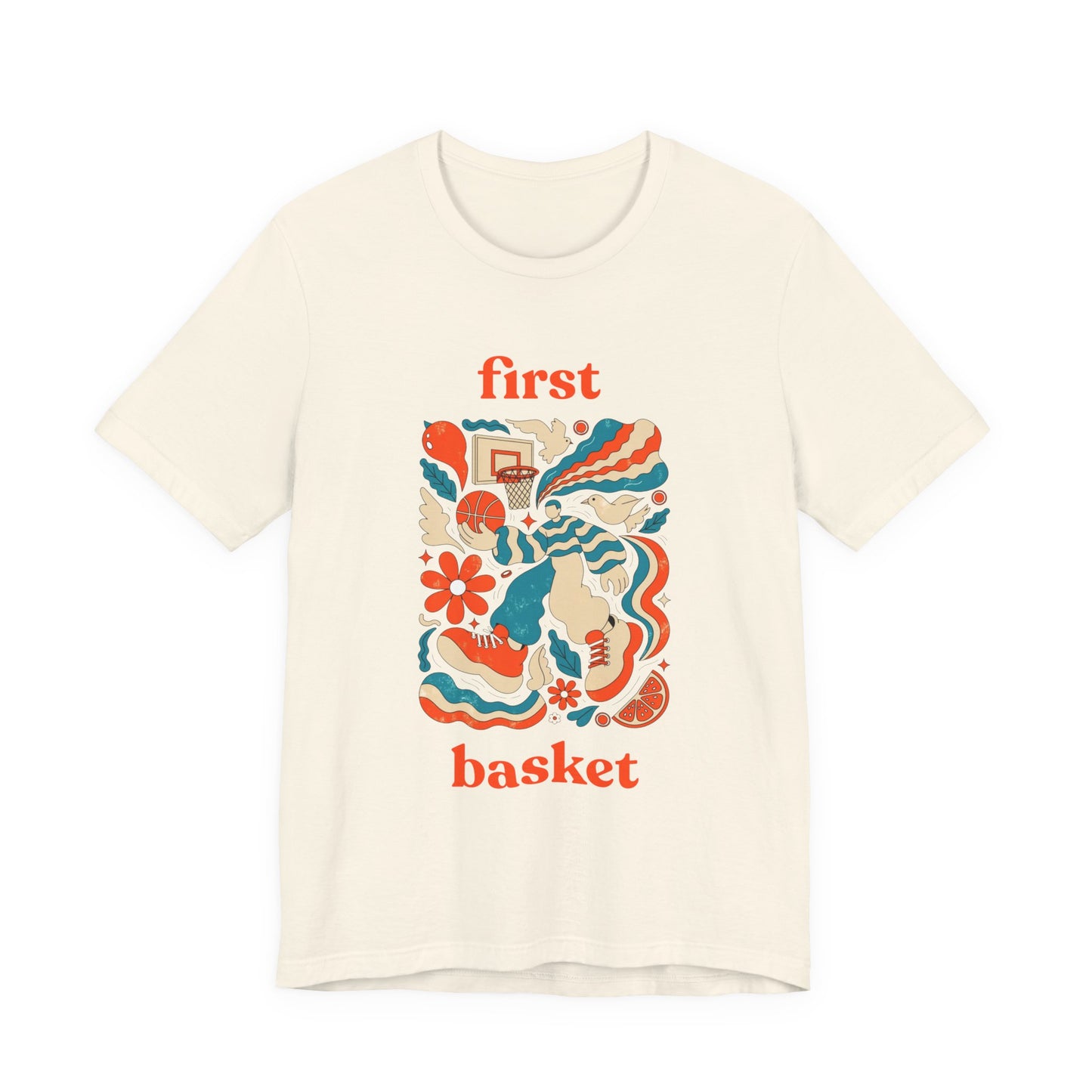 First Basket Basketball T-Shirt | Retro Groovy Hoop Tee | Geschenk für Spieler
