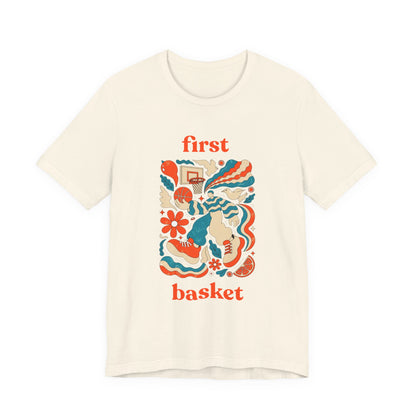 First Basket Basketball T-Shirt | Retro Groovy Hoop Tee | Gift for Players