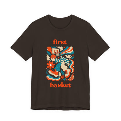 First Basket Basketball T-Shirt | Retro Groovy Hoop Tee | Gift for Players