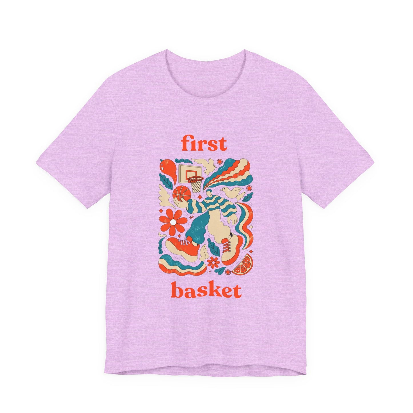 First Basket Basketball T-Shirt | Retro Groovy Hoop Tee | Geschenk für Spieler
