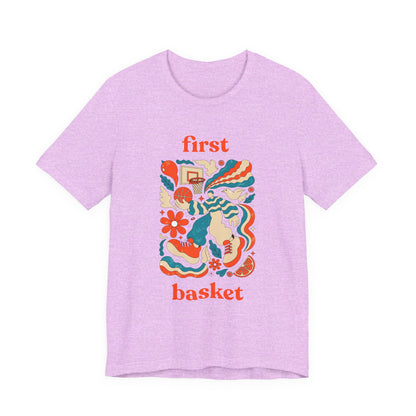 First Basket Basketball T-Shirt | Retro Groovy Hoop Tee | Gift for Players