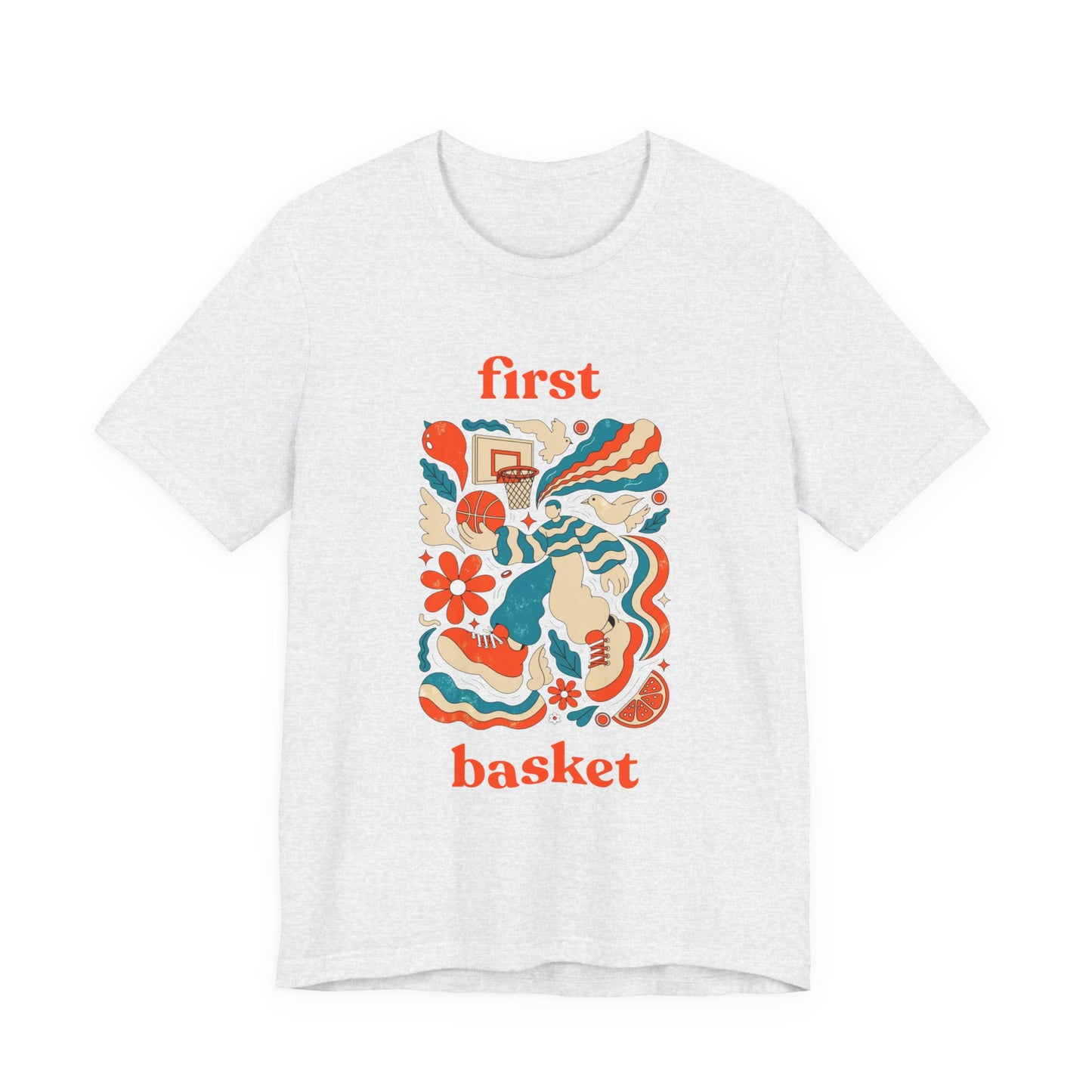 First Basket Basketball T-Shirt | Retro Groovy Hoop Tee | Geschenk für Spieler