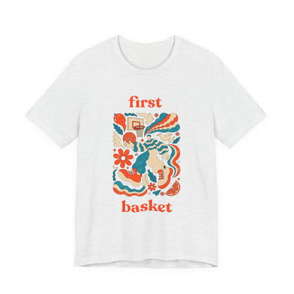 First Basket Basketball T-Shirt | Retro Groovy Hoop Tee | Gift for Players