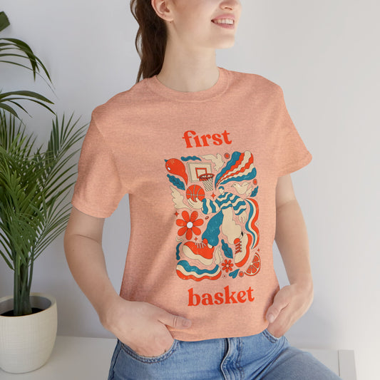 First Basket Basketball T-Shirt | Retro Groovy Hoop Tee | Gift for Players
