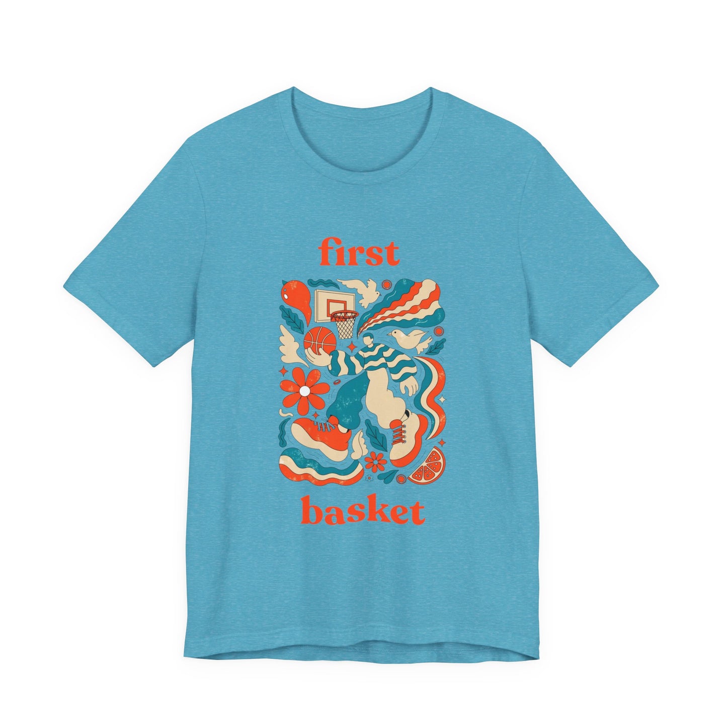 First Basket Basketball T-Shirt | Retro Groovy Hoop Tee | Geschenk für Spieler