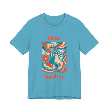 First Basket Basketball T-Shirt | Retro Groovy Hoop Tee | Gift for Players