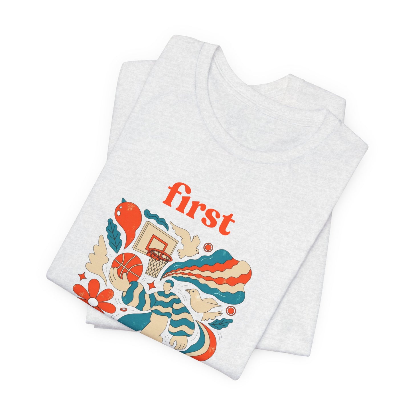 First Basket Basketball T-Shirt | Retro Groovy Hoop Tee | Geschenk für Spieler